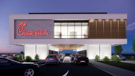 Chick-fil-A drive-thru rendering.