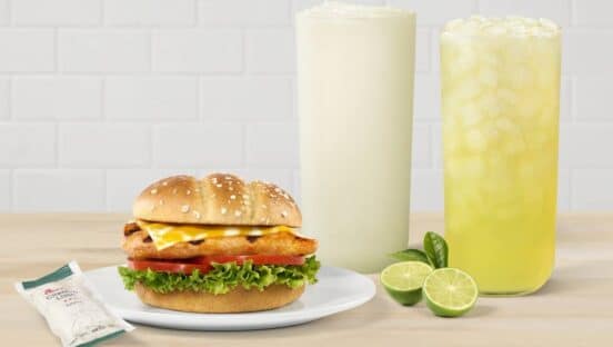 Chick-fil-A Spicy Grilled Deluxe and drinks.