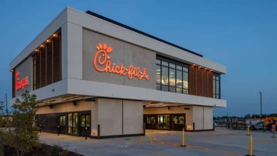 Chick-fil-A two-story drive-thru at night.