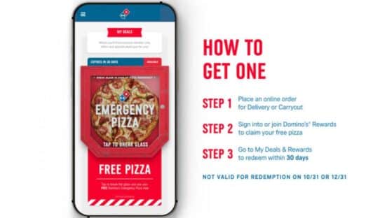 A graphic explaining directions on how to get a free Domino's pizza.