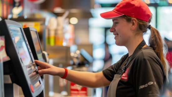 Fast-food employee using a screen.