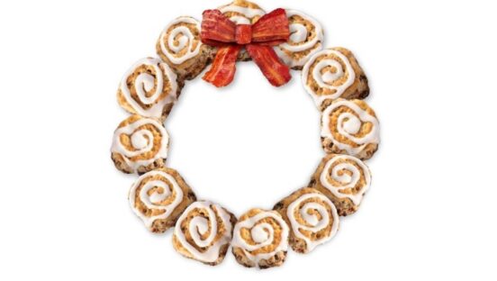 A picture of Hardee's Cinnamon 'N' Raisin Biscuits in the shape of a Christmas reef.