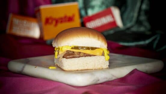 Krystal burger on a tray.