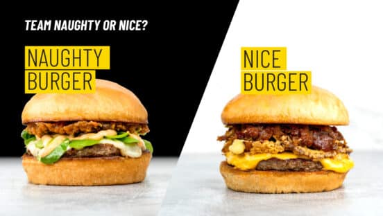 A graphic showcasing PINCHO's Naughty and Nice burgers.