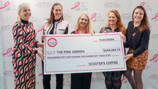 (from left) Natasha Whitling, secretary, The Pink Agenda; Nicole Seagriff, president, The Pink Agenda; Becky Vinton Jeanette, executive director of community affairs, Scooter’s Coffee; Samantha Golkin-Nigliazzo, vice president, The Pink Agenda; Courtney Wirths, treasurer, The Pink Agenda; Serra Eken, managing director, The Pink Agenda.