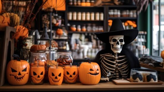 Skeleton at a table with pumpkins.