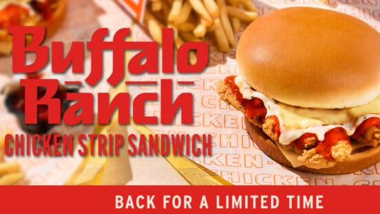 A graphic showcasing Whataburger's Buffalo Ranch Chicken Strip Sandwich.