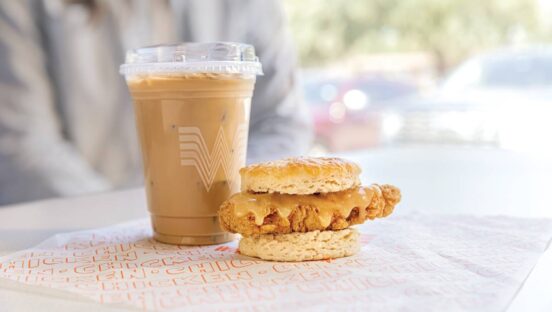 Whataburger iced coffee and chicken biscuit.