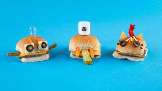 White Castle sliders decorated as monsters.