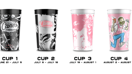 Post, a longtime fan of Raising Cane’s and personal friend of Graves, designed the set of 32 oz. cups for the launch of his Midvale, Utah, Cane’s Restaurant.